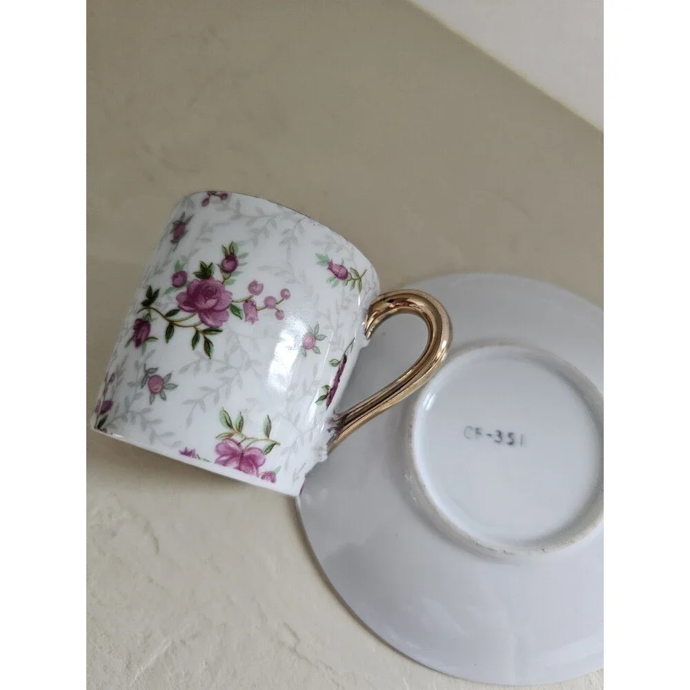Vintage Norcrest Pink Floral Chintz Demitasse Cup And Saucer